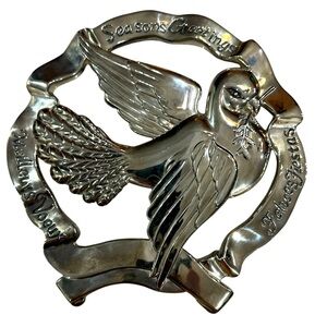 Vintage Metal Trivet Godinger Silver Plate DOVE Olive Branch Seasons Greetings